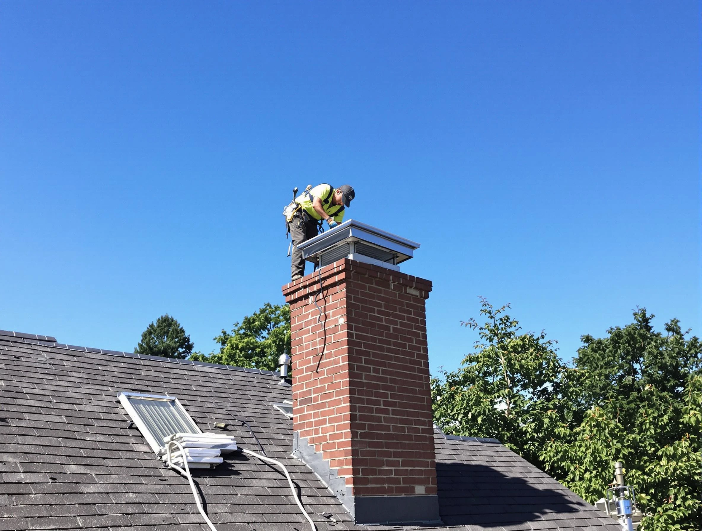 Coolidge Chimney Sweep technician measuring a chimney cap in Coolidge, AZ